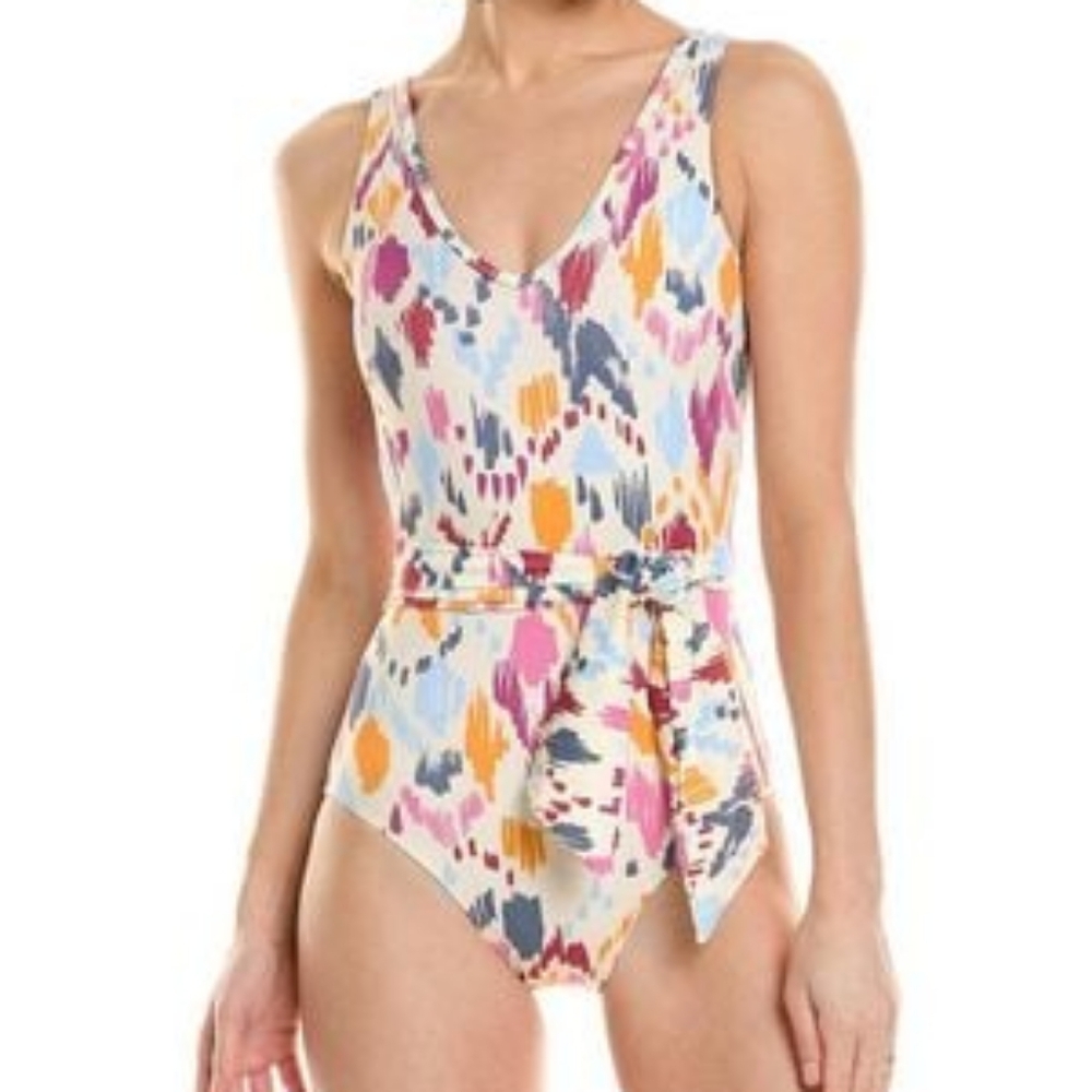 Hermoza Womens Multi Color Ikat Print Belted V-Neck One Piece Swimsuit Size 10